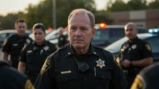 Serious older male sheriff deputy addresses his officers during an outdoor roll call. A veteran law enforcement officer stands with his team of deputies.