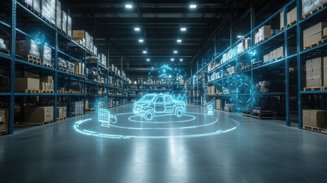 Futuristic warehouse setting featuring a holographic vehicle design, showcasing advanced logistics and innovative technology in a large industrial space - Powered by Adobe