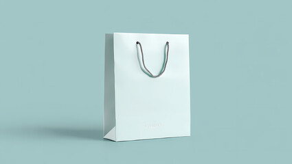 Clean Glossy White Paper Shopping Bag with Grey Rope Handles on a Soft Light Blue Background, Perfect for Retail Branding, Gifts, and Product Packaging Mockups.