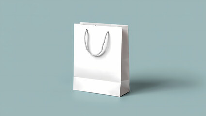 Clean Glossy White Paper Shopping Bag with Grey Rope Handles on a Soft Light Blue Background, Perfect for Retail Branding, Gifts, and Product Packaging Mockups.