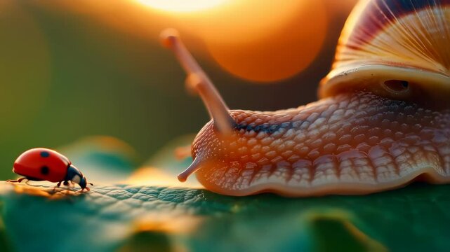 Closeup of a snail with a ladybug on its shell in natural sunlight showing slow movement and detailed textures