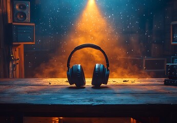 Headphones mockup on wooden table under warm spotlight in dim room

