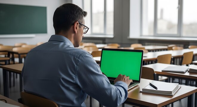 Man in classroom using laptop with green screen, notebook on desk, chalkboard in background.