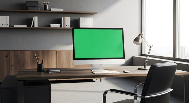 Computer monitor with a green screen on a wooden desk in a modern office setting with shelves and natural light.