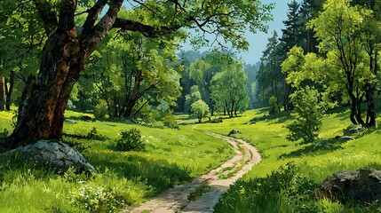 A sun-drenched country lane meanders through a lush green meadow.