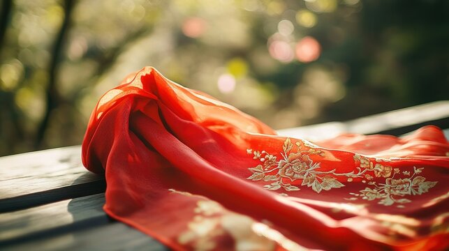 Vibrant red scarf with golden embroidery symbolizes youth and hope, evoking warmth and inspiration.