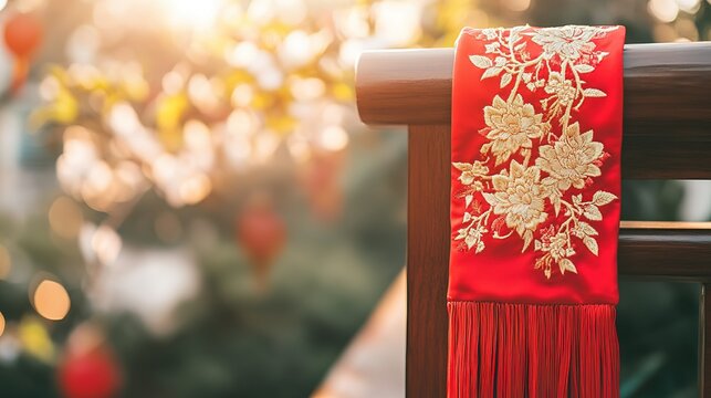 Vibrant red scarf with golden embroidery symbolizes youth and hope, evoking warmth and inspiration.