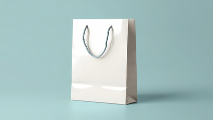 Clean Glossy White Paper Shopping Bag with Grey Rope Handles on a Soft Light Blue Background, Perfect for Retail Branding, Gifts, and Product Packaging Mockups.