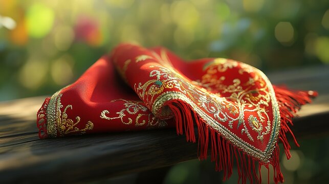 Vibrant red scarf with golden embroidery symbolizes youth and hope, evoking warmth and inspiration.