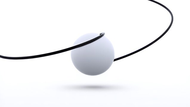 Abstract 3D Render Sphere Orbiting a Curved Line, Minimalist Design