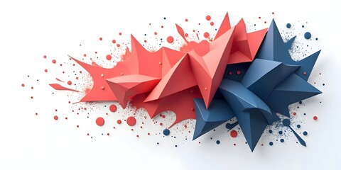Abstract polygonal design with vibrant red and blue hues and dynamic splash effects