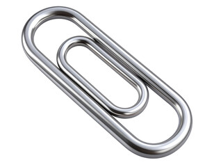 3D paperclip icon in shiny silver metal, isolated on a transparent background