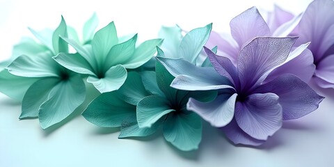 Elegant floral arrangement featuring soft teal and purple petals on a white backdrop evoking