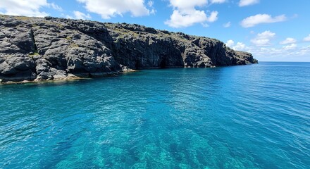 Rocky coastline meets clear turquoise water under a blue sky with scattered clouds.