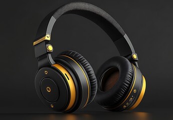 Black and gold over ear headphones mockup on dark background

