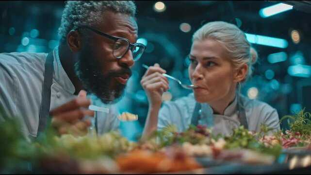cinematic shot of a professional chef and a food scientist collaborating in a modern test kitchen, tasting and discussing a new recipe, innovation and creativity in action, photorealistic


