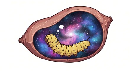 Cosmic Caterpillar: A whimsical illustration of a caterpillar inside a cocoon, dreaming of a vibrant galaxy.