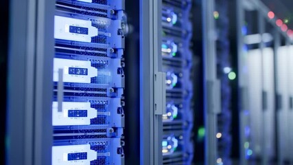 Modern data center server room featuring rows of rack servers blinking lights - Powered by Adobe
