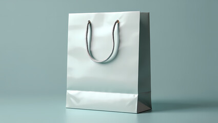 Clean Glossy White Paper Shopping Bag with Grey Rope Handles on a Soft Light Blue Background, Perfect for Retail Branding, Gifts, and Product Packaging Mockups.