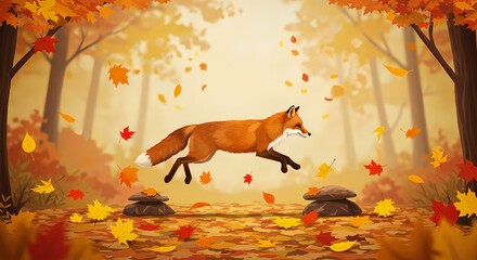 Leaping Fox in Autumn Wonderland