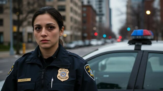 Serious female police officer standing on a city street. Portrait of a woman cop in uniform next to a patrol car looking tired and stressed after a long shift.