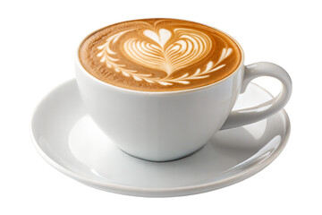 Beautifully crafted latte art heart design on a creamy cappuccino in a white ceramic cup and saucer