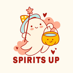 A cheerful ghost dressed as a wizard, holding a magic wand and a potion cup, exuding a magical and whimsical vibe. Halloween-themed baby party decoration or T-shirt print