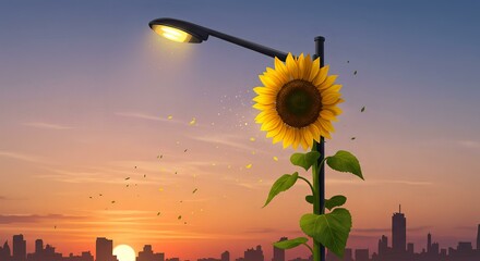 Sunset Sunflower Cityscape: A Surreal Bloom