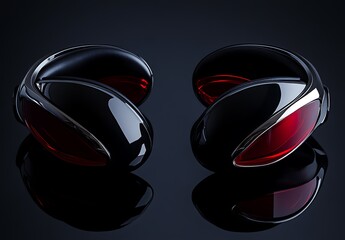 Black earbuds mockup with red accents on reflective dark surface

