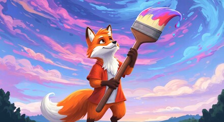 Artistic Fox Painting a Dreamy Sunset Sky