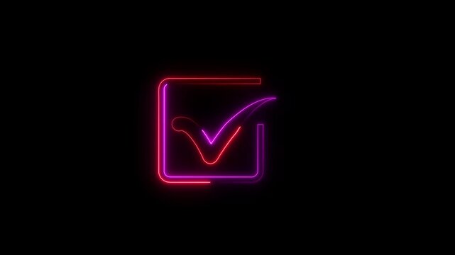 Beautiful black background of tick icon. Chekmark neon glowing sign.