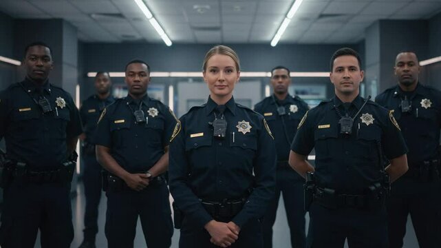 Diverse team of police officers standing together in a station. A confident female officer leads her multicultural law enforcement squad.