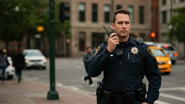 Caucasian male police officer in his thirties using a walkie-talkie. Law enforcement professional on patrol in an urban environment.