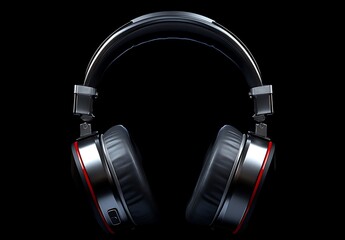 Modern silver and black headphones mockup with red accents on black background

