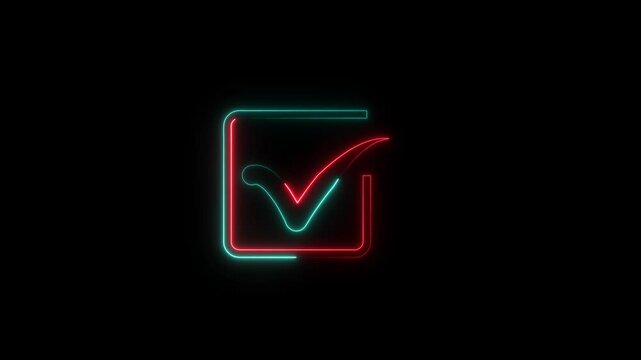 Beautiful black background of tick icon. Chekmark neon glowing sign.