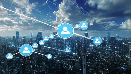 Futuristic city skyline with digital connections and user icons representing networking and communication - Powered by Adobe