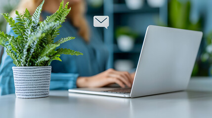 Person Using Laptop in Modern Workspace with Potted Plant