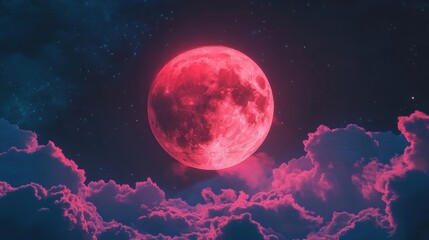 Fototapeta premium View of the Red Moon Shines over Clouds with Celestial Theme