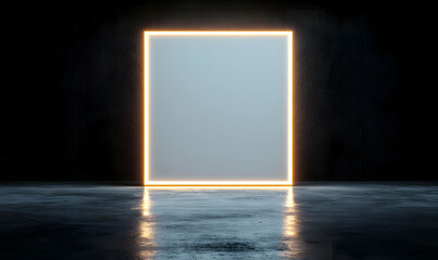 Bright Neon Square Frame in Dark Minimalist Space for Artistic Background
