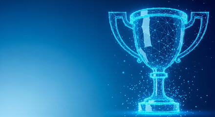 A glowing blue trophy symbolizes success, achievement, and victory in a digital and futuristic abstract design