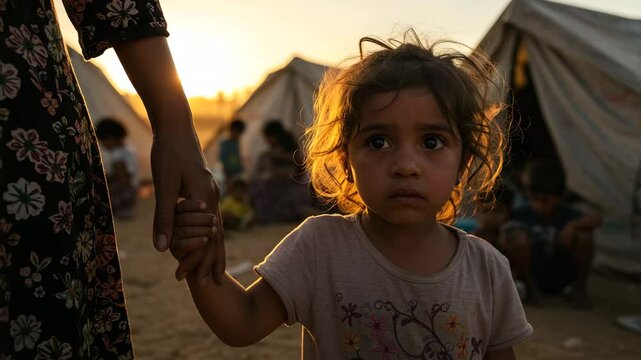 Young refugee girl holds her mother's hand in a refugee camp