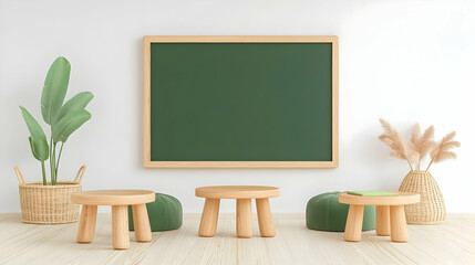 Modern Minimalist Classroom with Green Chalkboard and Natural Decor