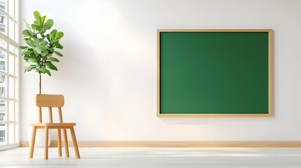 Modern Classroom Design with Green Chalkboard and Wooden Chair