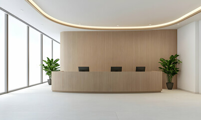 Modern Reception Area with Elegant Wooden Desk and Green Plants