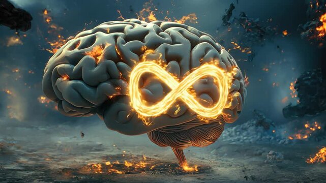 Powerful conceptual brain with glowing infinity symbol for limitless mind power, boundless knowledge and creativity.