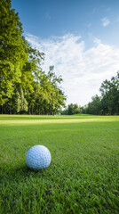 Fototapeta premium Golf ball on a lush green fairway, with a serene golf course landscape in background with copy space for text