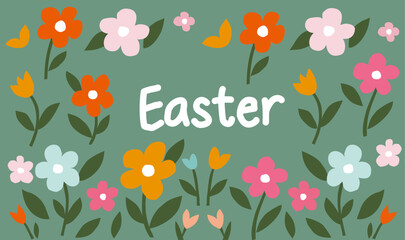 Cute Easter greeting card with colorful spring flowers and butterflies on green background. Flat cartoon style floral illustration with “Easter” text. Perfect for seasonal decorations, children’s