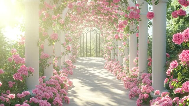 Enchanting rose garden pathway leading to a serene gated entrance with sunlight