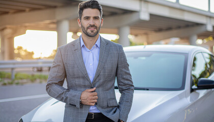 rich businessman standing in front of luxury car