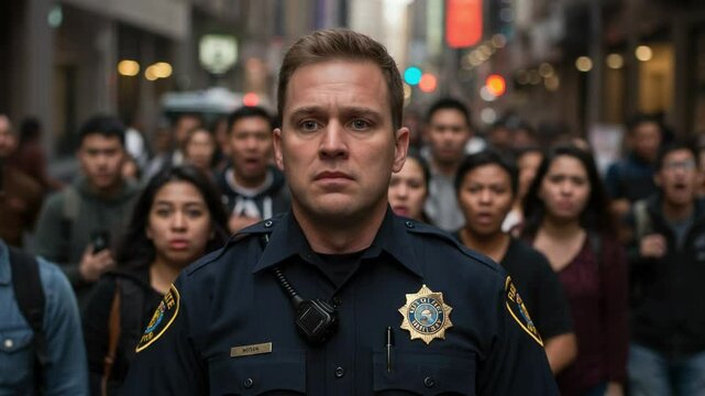 Caucasian male police officer with a shocked expression stands in front of a large, panicked crowd on a city street. Law enforcement responding to an emergency or crisis.